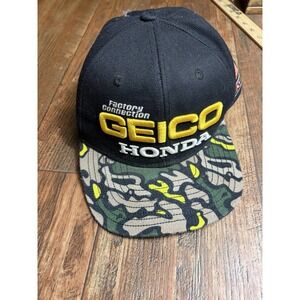 RARE!! Honda GEICO 100% Factory Connection Amsoil Camo SnapBack Baseball Hat Cap